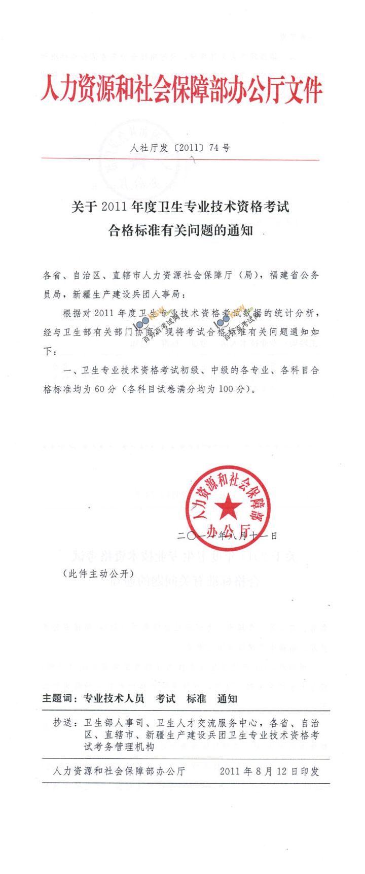 2011年初级护师考试合格标准